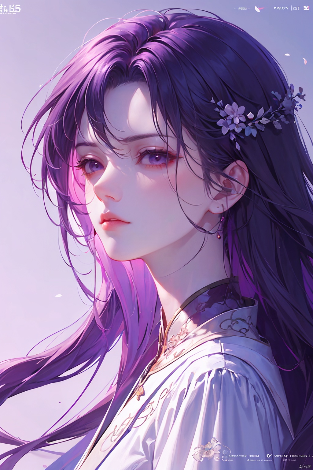  a woman in business attire, career women, business wear, light purple suit, with neat hair, very long black hair, fluffy hair, serious expression, mature face, women who are elegant and a little bit indifferent, successful person, anime portrait, digital anime illustration, beautiful anime style, a beautiful fantasy female chairman, anime illustration, anime fantasy illustration, character painting, trending on artstration,（\personality\）, yunxi,1girl