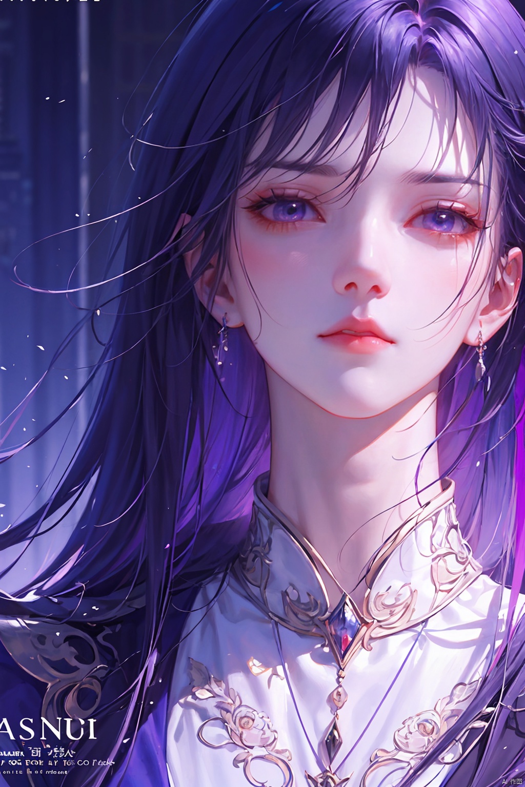  a woman in business attire, career women, business wear, light purple suit, with neat hair, very long black hair, fluffy hair, serious expression, mature face, women who are elegant and a little bit indifferent, successful person, anime portrait, digital anime illustration, beautiful anime style, a beautiful fantasy female chairman, anime illustration, anime fantasy illustration, character painting, trending on artstration,（\personality\）, yunxi,1girl