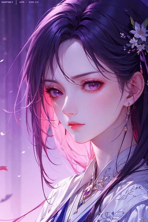  a woman in business attire, career women, business wear, light purple suit, with neat hair, very long black hair, fluffy hair, serious expression, mature face, women who are elegant and a little bit indifferent, successful person, anime portrait, digital anime illustration, beautiful anime style, a beautiful fantasy female chairman, anime illustration, anime fantasy illustration, character painting, trending on artstration,（\personality\）, yunxi,1girl