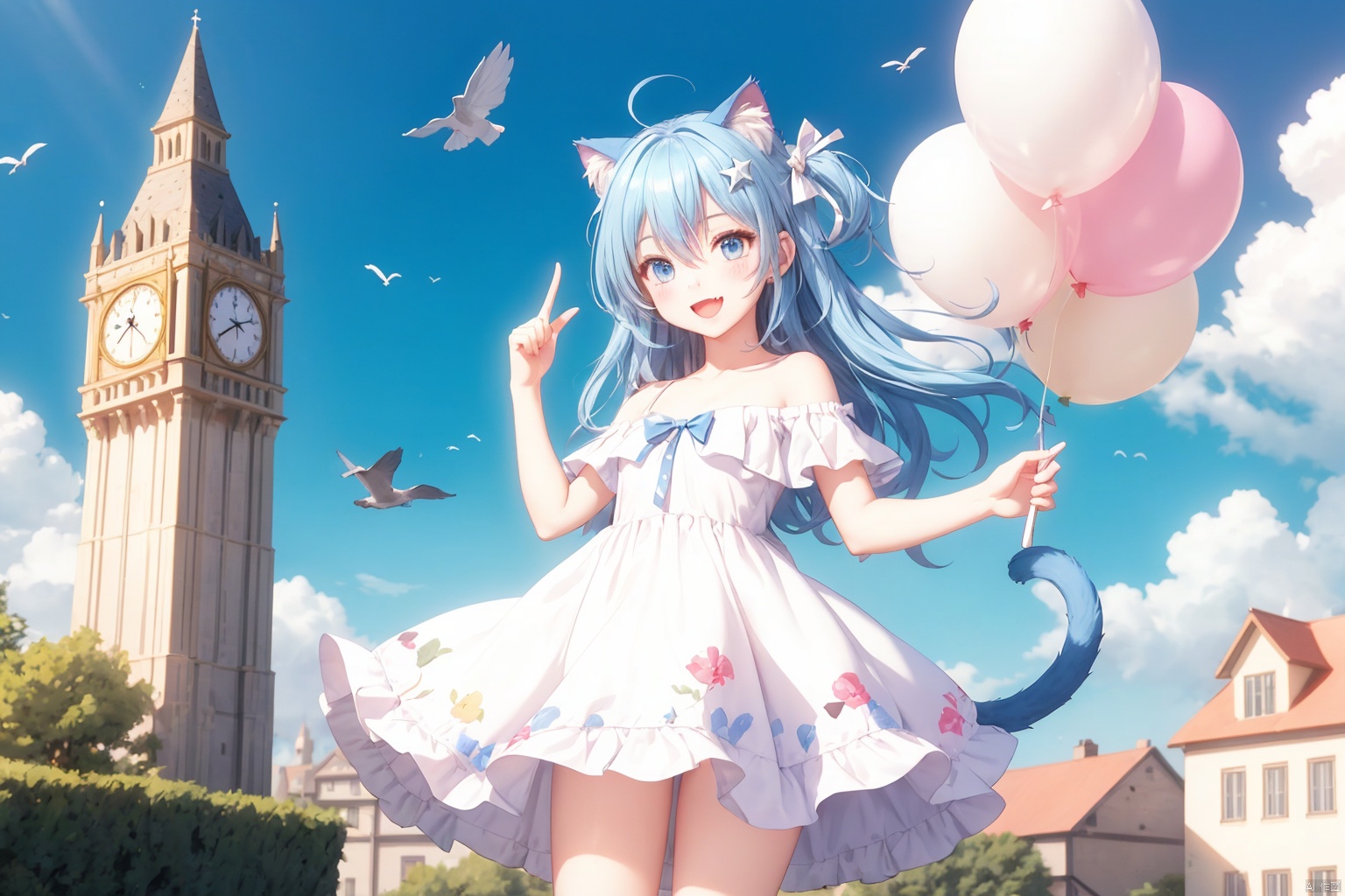 1girl,animal ears,blue eyes,cat ears,dress,blue hair,solo,tail,outdoors,long hair,smile,cat tail,white dress,balloon,fang,cat girl,day,sky,flower,cloud,arm up,:d,open mouth,bird,hair ornament,animal ear fluff,white flower,bare shoulders,blush,blue sky,looking at viewer,collarbone,armpits,one side up,hair between eyes,sleeveless dress,tower,star (symbol),sleeveless,off shoulder,standing,bow,off-shoulder dress,frills,cowboy shot,star hair ornament,very long hair,bare arms,small breasts,cloudy sky,breasts,sundress,pointing,frilled dress,white bow,spaghetti strap,clock,ribbon,skin fang,hair bow,index finger raised,building,animal,outstretched arm,aircraft,hair flower,thighs,white ribbon,feet out of frame,clock tower,light blue hair,hand up,
