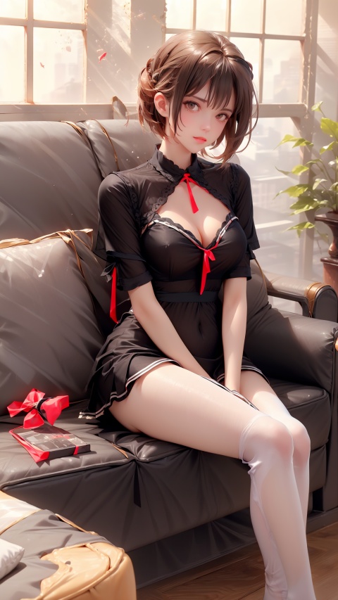  masterpiece,best quality,highres,extremely detailed CG unity 8k wallpaper,1girl,solo,short hair,cleavage,skin detail,couch,sitting,on_couch,thigh_strap,brown_eyes,ooking_at_viewer,tutuhsv2,grey pantyhose, tutututu