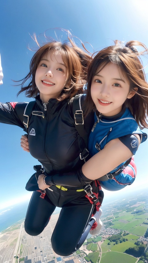  (2_girls::1.8),kind smile,Two girls are skydiving, extreme sports, excitement, happiness,( skydiving),(sexy::1.1), wangyushan, boyfriend