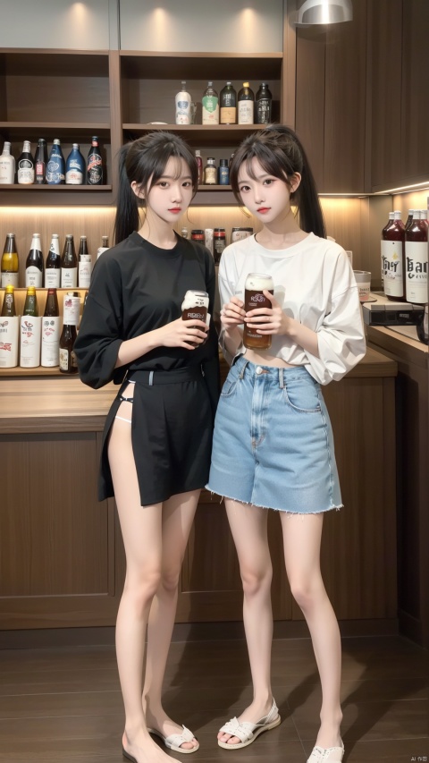  two women standing next to each other holding bottles of beer and a bottle of beer in their hands,sexy girls,ponytail,black hair,wide_shot,small nose,sufei, 1girl, wangyushan, ll-hd