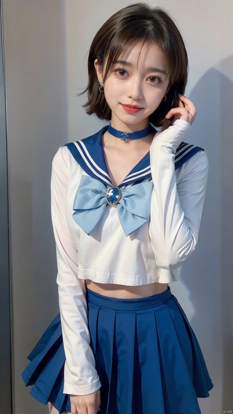  masterpiece,best quality, highly detailed, sailor mercury,1girl,solo,sailor senshi uniform,white gloves,blue skirt,blue sailor collar,elbow gloves,blue choker,smile,earrings,magical girl,pleated skirt,looking at viewer,tiara,simple background,white background