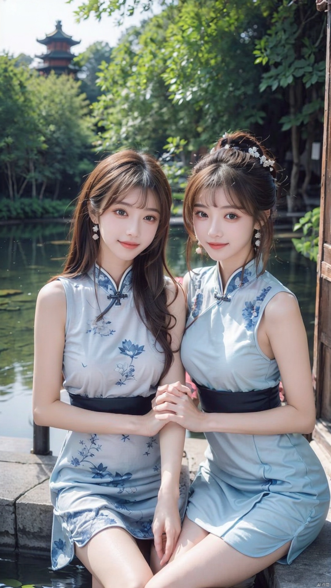  (2_girls::2.1),twins,kind smile,(sexy::1.3), (upper body::0.7),masterpiece,The best quality,dreamy scene,Outdoor, lotus pond, park,front viewer,looking at viewer,yunbin,chinese dress,dress_shirt,hanfu, wangyushan, chinese dress
