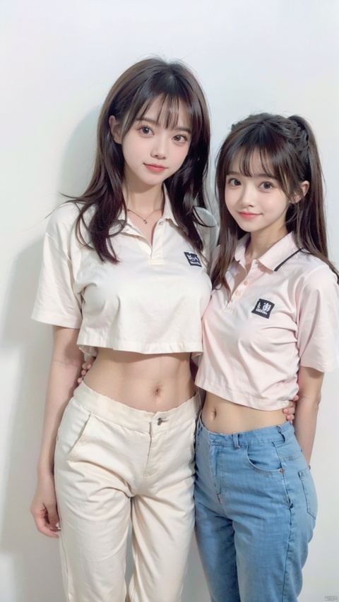  (2_girls::2.2),twins,kind smile, long_black_hair, baggy_clothes, white polo_shirt with school_emblem, baggy_pants, oversized_blue_sweatpants, blue_joggers, oversized_clothes, blue_shirt_collars, short_sleeves, long_pants, blue_pants, cowboy_shot, white_background, simple drawing, (masterpiece)
