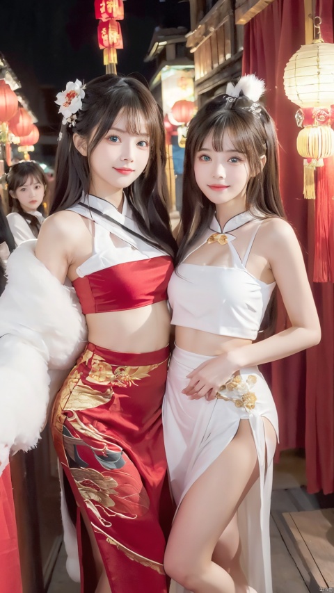  (2_girls::1.9),twins,kind smile, (sexy::1.3),white hair,blue eyes,hair flowers,chinese red clothes, eastern dragon,chinese new year,lantern, tqj-hd, chinese new year,moyou, wangyushan, Pencil Draw, NYgirl