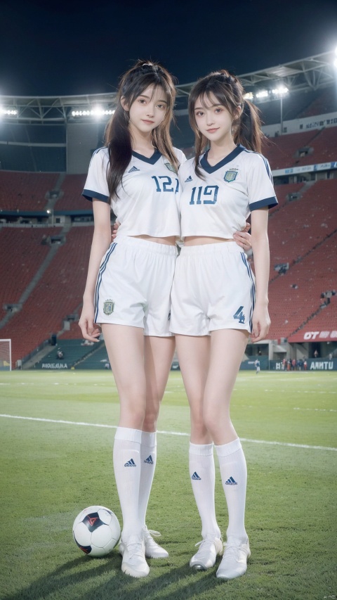 (2_girls::1.9),twins,kind smile,soccer,grass,feet on soccer,black hair,football field,fuzzy background,black eyes,collarbone,depth of field,high ponytail,long hair,looking at the audience,shorts,football shoes,high socks,solo,Argentina uniform,blue and white uniform,jersey number 10,standing