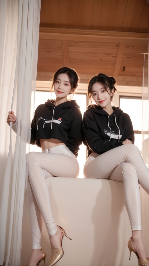  (kind smile), best quality,(from below),masterpiece, wearing leggings and a crop top hoodie, cameltoe, (thigh thigh gap 1.1), slim, petite, detailed facial features, detailed, symmetry, cinematic lighting, cameltoe, jujingyi, molika, yunv,
