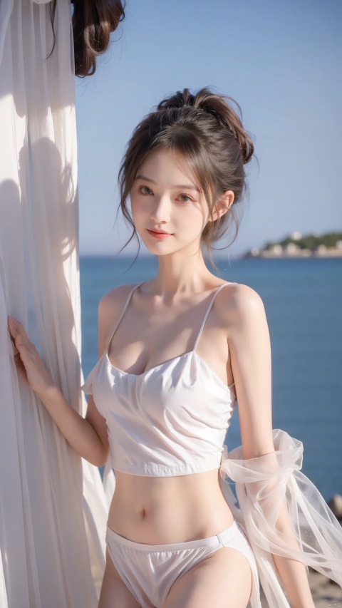 (2_girls::1.9),twins,No physical contact,kind smile,(The beautiful seaside),(ponytail),(red breasts curtain),cleavage,thongs,cowboy shot,masterpiece,best quality,high quality,bare shoulders,bare arms,colorful,delicate eyes and face,volumatic light,ray tracing,bust shot,extremely detailed CG unity 8k wallpaper,sky,blue sky,sunny,light,fantasy,windy,magic sparks,white hair,pristine white beach