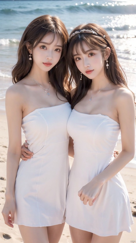  Full-body,(2_girls::2.2),twins,kind smile,jewelry,dress,earrings,beach,necklace,white dress,long hair,brown hair,looking at viewer,outdoors,cleavage,tiara,strapless dress,ocean,bare shoulders,strapless,realistic,smile,water,day,upper body,brown eyes,collarbone,sand,lips,waves,shore,closed mouth,hairband,abs,thin,perfect body,mature,narrow waist,ample hip,bursting breasts,sultry,seductive,sparkling eyes,sexy face,detailed face,glowing skin,beautifully detailed face,highly detailed hair,moyou, wangyushan