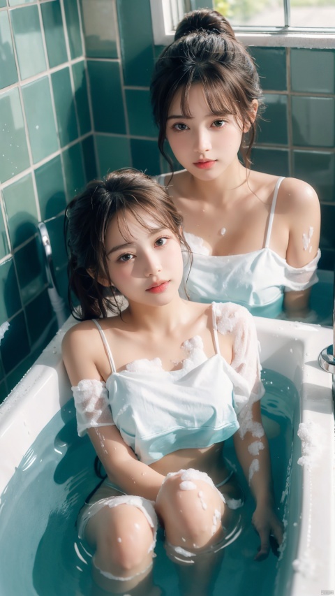  (2_girls::2.1), kind smile,big bathtub, There is a lot of foam in the bathtub, and you can't see it under the water,looking at viewer, window, white hair, bathing, indoors, water, ((soap bubbles)), plant, bathroom, bubble, bath, towel, ponytail, tiles, soap bottle, bangs, tile wall, potted plant, faucet, partially submerged, wet, blush, from above, parted lips, aqua eyes, ((poakl))