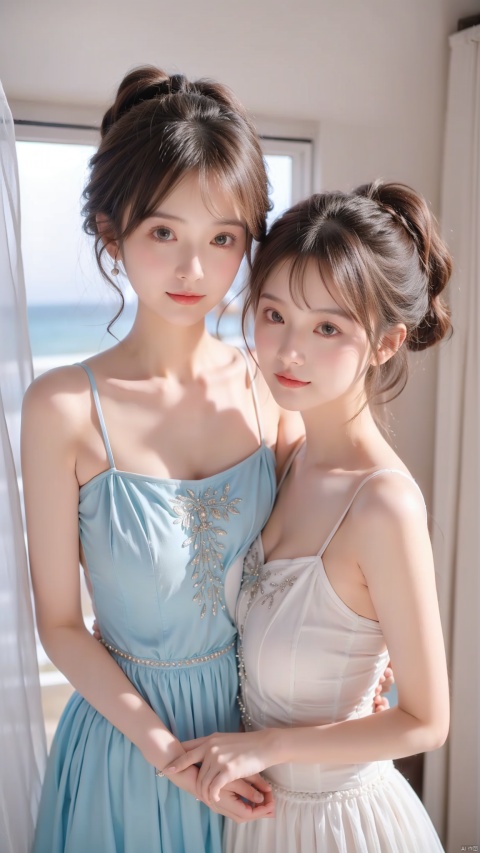  (2_girls::2.1),twins,No physical contact,kind smile,(The beautiful seaside),(ponytail),(red breasts curtain),cleavage,thongs,cowboy shot,masterpiece,best quality,high quality,bare shoulders,bare arms,colorful,delicate eyes and face,volumatic light,ray tracing,bust shot,extremely detailed CG unity 8k wallpaper,sky,blue sky,sunny,light,fantasy,windy,magic sparks,white hair,pristine white beach