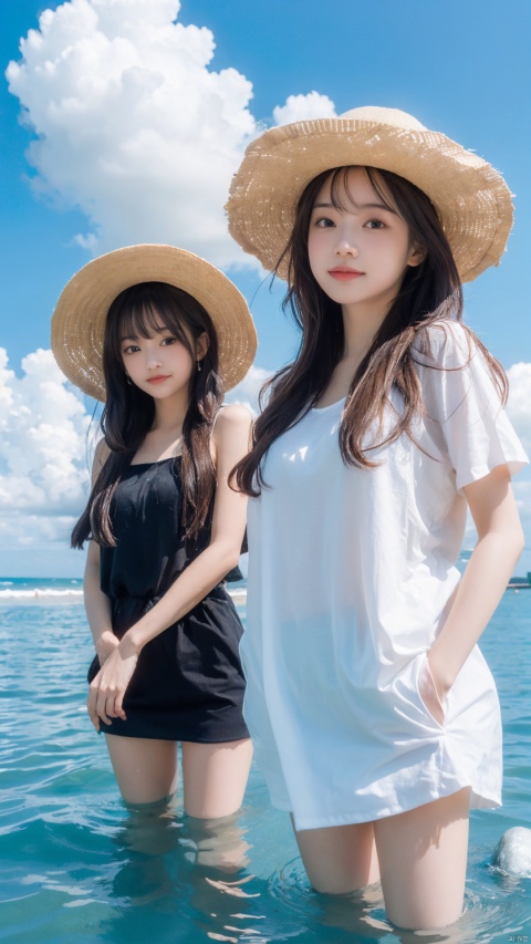 (2_girls::2.1),twins,kind smile,upper-body,close-up,bows,beach,blue sky,blush,clouds,cloudy,day,hat,long hair,ocean,outdoors,ripples,shallow water,silver hair,sky,splash,standing,standing on liquid,very long hair,wading,water,water droplets, wangyushan