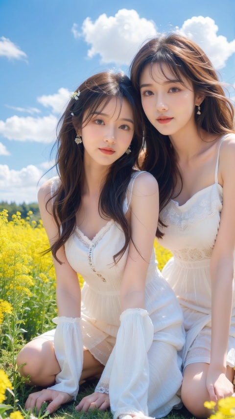 (2_girls:1.9), (translucent white gauze dress: 1.1),(all fours:1.2), long hair, stylish,a field of blooming rapeseed flowers against a backdrop of blue sky and white clouds, wangyushan