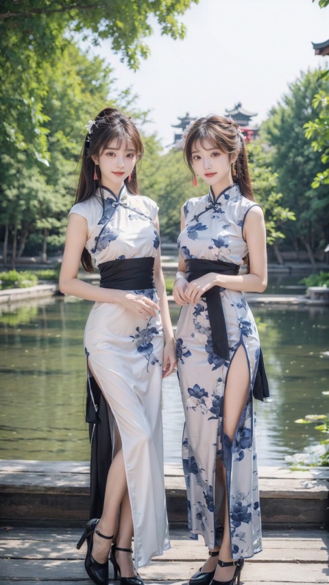 (2_girls::2.1),twins,kind smile,(sexy::1.3), (upper body::0.7),masterpiece,The best quality,dreamy scene,Outdoor, lotus pond, park,front viewer,looking at viewer,yunbin,chinese dress,dress_shirt,hanfu, wangyushan, chinese dress