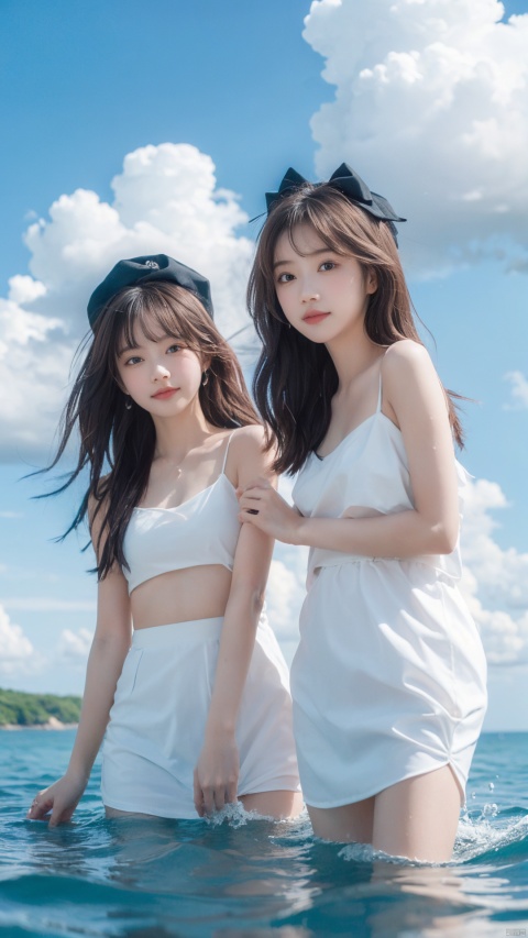  (2_girls::2.1),twins,kind smile,upper-body,close-up,bows,beach,blue sky,blush,clouds,cloudy,day,hat,long hair,ocean,outdoors,ripples,shallow water,silver hair,sky,splash,standing,standing on liquid,very long hair,wading,water,water droplets, wangyushan