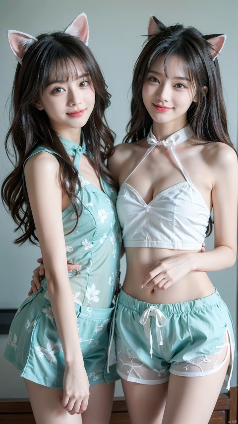  (2_girls::1.9),twins,kind smile, (((masterpiece))), (((best quality))), ((ultra-detailed))
Short gray hair, bangs, long cat ears, smile, blue eyes, flower style hairpin
White clothes with cyan and green patterns
Green super shorts with white cloud decoration
Fishing, wangyushan, boyfriend, qipao, ll-hd