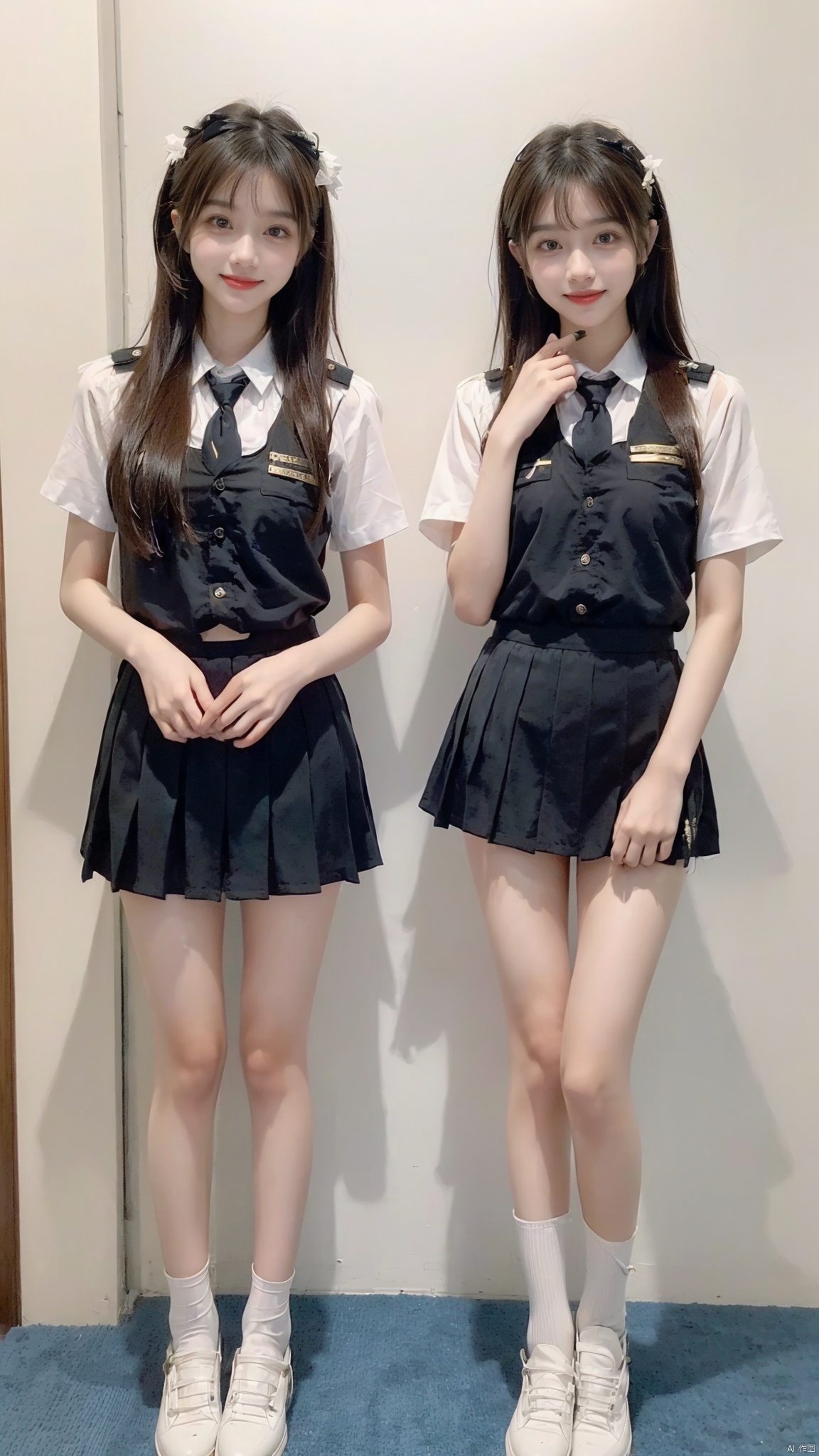  (2_girls:1.9),twins,kind smile,sexy,standing,full body,police officer,Transparent white gauze short skirt, moyou, wangyushan