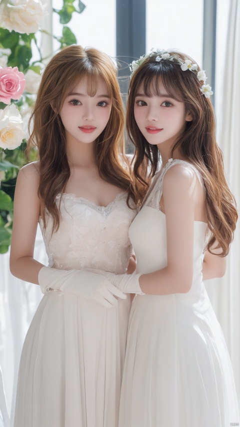  (2_girls:1.9),kind smile, (masterpiece), (best quality), illustration, ultra detailed, hdr, Depth of field, (colorful),black eyes, gloves, flower, blonde hair, long hair, dress, parted lips, looking at viewer, white flower, white dress, breasts, white rose, bird, sleeveless, bangs, rose, official alternate costume,wangyushan, ((poakl))