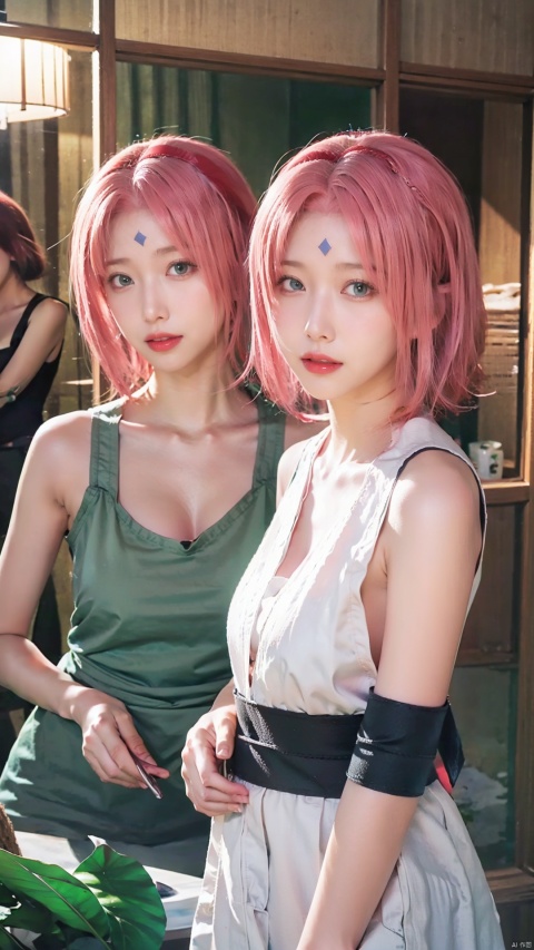  masterpiece,soft light and shadow,1girl, haruno sakura, solo, looking at viewer, smile, short hair, bangs, bare shoulders, closed mouth, green eyes, collarbone, upper body, pink hair, sleeveless, parted bangs, sleeveless shirt, forehead mark, red hairband,green