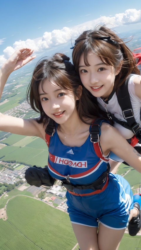  (2_girls::1.8),kind smile,Two girls are skydiving, extreme sports, excitement, happiness, skydiving,(sexy::1.1), wangyushan, boyfriend