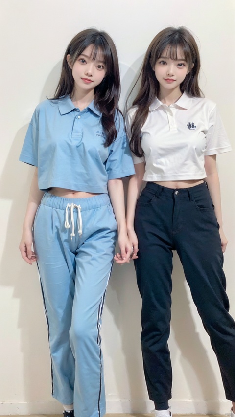  (2_girls::2.2),twins,kind smile, long_black_hair, baggy_clothes, white polo_shirt with school_emblem, baggy_pants, oversized_blue_sweatpants, blue_joggers, oversized_clothes, blue_shirt_collars, short_sleeves, long_pants, blue_pants, cowboy_shot, white_background, simple drawing, (masterpiece)