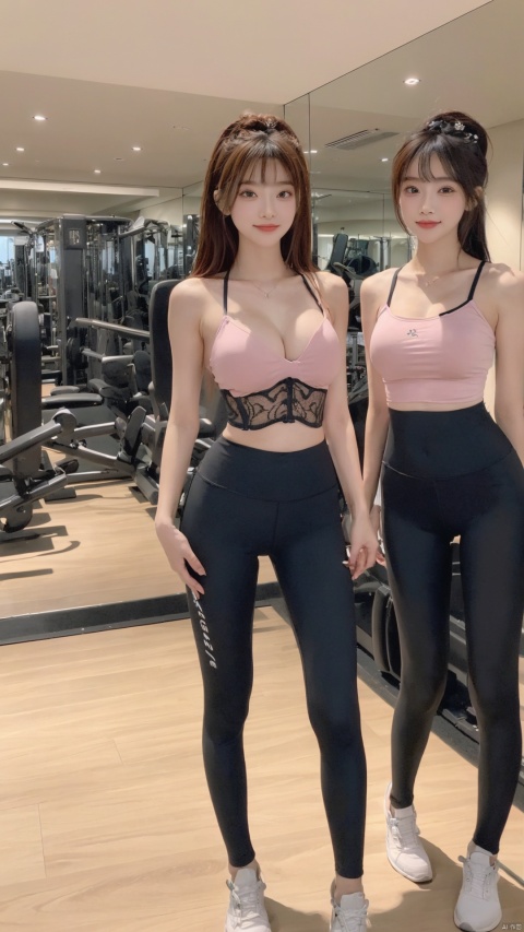  (2_girls::2.2),twins,kind smile,Full-body,yoga pants,black yoga pants,hair ornament,cowboy shot,hair,cleavage,from front,navel,gym,corset,Fitness Room,ray tracing,{best quality},{{masterpiece}},{highres},original,extremely detailed 8K wallpaper,{an extremely delicate and beautiful},incredibly_absurdres,colorful,intricate detail,blurry,moyou, ll-hd, wangyushan