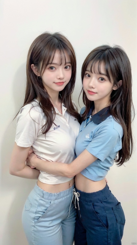  (2_girls::2.2),twins,kind smile, long_black_hair, baggy_clothes, white polo_shirt with school_emblem, baggy_pants, oversized_blue_sweatpants, blue_joggers, oversized_clothes, blue_shirt_collars, short_sleeves, long_pants, blue_pants, cowboy_shot, white_background, simple drawing, (masterpiece)