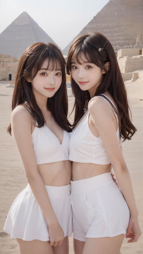  (2_girls::1.9),twins,kind smile,in egypt,panorama,upper_body,cowboy_shot,pyramid,heterochromia,moyou, neonrgbstyle, ll-hd, wangyushan