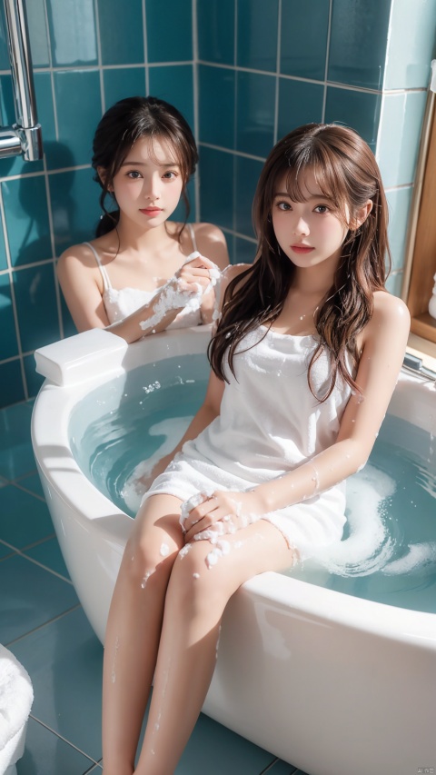  (2_girls::2.1), kind smile,big bathtub, There is a lot of foam in the bathtub, and you can't see it under the water,looking at viewer, window, white hair, bathing, indoors, water, ((soap bubbles)), plant, bathroom, bubble, bath, towel, ponytail, tiles, soap bottle, bangs, tile wall, potted plant, faucet, partially submerged, wet, blush, from above, parted lips, aqua eyes, ((poakl))