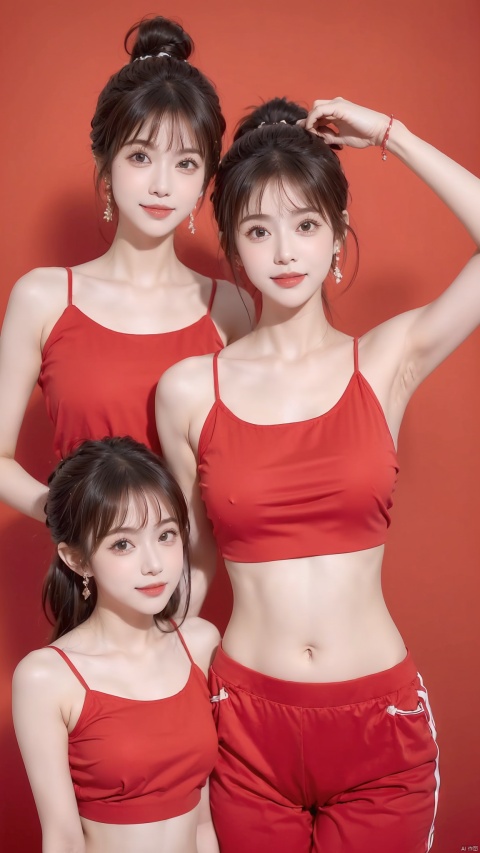  (2_girls::1.9),twins,kind smile,ponytail,red camisole,navel,Upper bodyr,earrings, wangyushan,(pure red background)