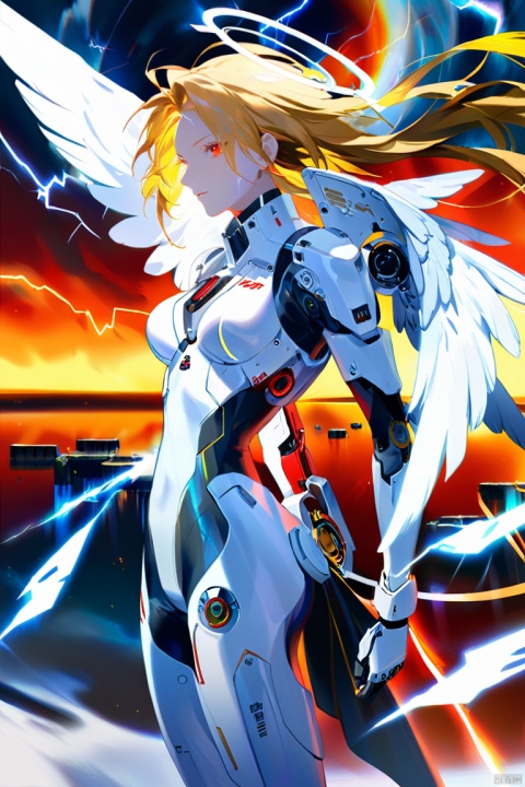  cyberpunk art,fantasy art,1girl,angel,angel wings,white theme,(winding lightning:1.2),mechanically constructed body,extremely complex mechanical structures,white skin,white wings,bright picture,red eyes,electricity,breasts,realistic,looking at viewer,blonde hair,mechanical wings,red eyes,a glowing halo above one's head,masterpiece,best quality,ultra-detailed,very detailed illustrations,extremely detailed,intricate details,highres,super complex details,extremely detailed 8k cg wallpaper,cowboy shot,reflections,ray tracing,dark aura,cyber effect,mecha girl parts,robot joints,single mechanical arm,(angel's halo),mechanical halo,intricate mechanical bodysuit,mecha corset,(transparent plastic armor),very long hair,hair between eyes,multicolored hair,colored inner hair,random expressions,random action,dynamic pose.true-to-life feathers,This female character possesses a body constructed entirely of intricate mechanical components,the complexity and finesse of which are truly awe-inspiring. Her skin is flawlessly white,and she unfurls a pair of pure white wings behind her back,adorned with a winding lightning pattern that is rendered at 1.2 times the standard density,creating a striking visual impact. These wings not only embody mechanical architecture but are also depicted with such lifelike detail that they resemble genuine feathers.,She boasts ruby-red eyes that gleam with the kinetic energy of flowing electricity,directly engaging the viewer. Her golden locks shine brightly as they flow in the wind,with several strands naturally cascading down between her eyes. She sports a single mechanical arm,its joints meticulously designed with a distinct cyberpunk aesthetic.,Her head is adorned with a halo composed of similar mechanical parts,softly emitting light,further enhancing her portrayal as a mechanical angel., scenery, composed of elements of thunder,thunder,electricity, ,