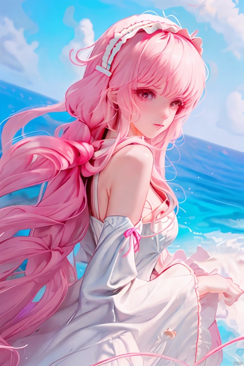 TT,ultra-high resolutions,32K UHD,best quality,masterpiece,1girl,solo,long hair,breasts,looking at viewer,bangs,long sleeves,dress,bare shoulders,twintails,very long hair,pink hair,hairband,frills,detached sleeves,wide sleeves,pink eyes,white dress,frilleddress,frilledhairband