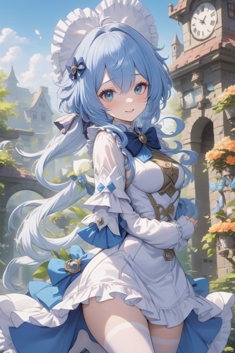  
masterpiece, best quality, best quality, Amazing, beautiful detailed , The morning of green courtyard with flourishing flowers and plants in spring, eyes, 1girl, finely detail, Depth of field, extremely detailed CG unity 8k wallpaper, full body, (alice), alice in wonderland, blue Hair,cowboy shot , hiten_1, smile, game_cg, strong rim light, {close-up}, blunt_bangs, ((( full body))), (floating hair), (looking_at_viewer), open mouth, (looking_at_viewer), open mouth, blue eyes, Blonde_hair, Beautiful eyes, gradient hair, ((white_frilled_dress)), ((white pantyhose)), (long sleeves), (juliet_sleeves), (puffy sleeves), white hair bow, Skirt pleats, blue dress bow, blue_large_bow, (((stading))), sleeves past wrists, sleeves past fingers,amazing6,candy-coated
