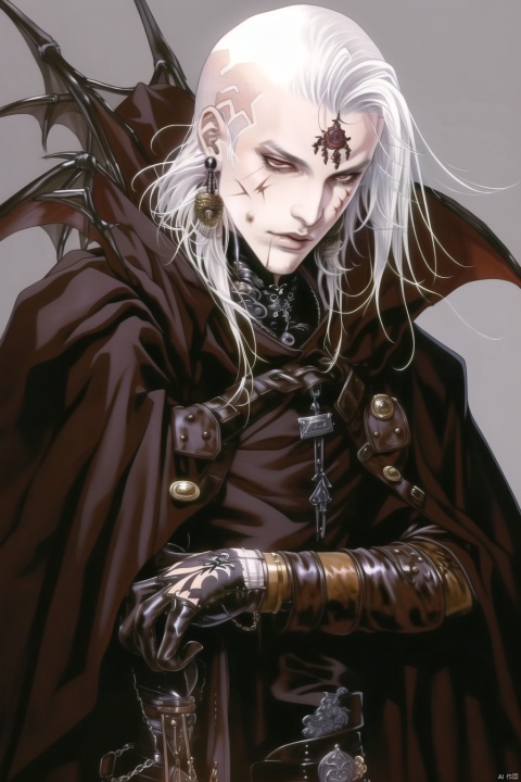 qzgt, choker, 1boy, tattoos, male focus, nose ring, alone, white hair, leather gloves, dragon, edgy, collar up, hair over forehead, shaved head, wielding, scar, brown gloves, bangle, cloak, clip-on earrings, mid body
