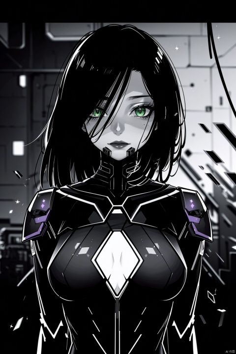 centered, digital art, upper body, (beautiful detailed eyes:1.2), | solo, ebony woman, wearing the black and purple cybernetic armor with green parts of Space Woman, tight bodysuit, black hair, dreadlock hair, emerald eyes, muscular proportions, | in a dungeon made all of metal, | bokeh , depth of field