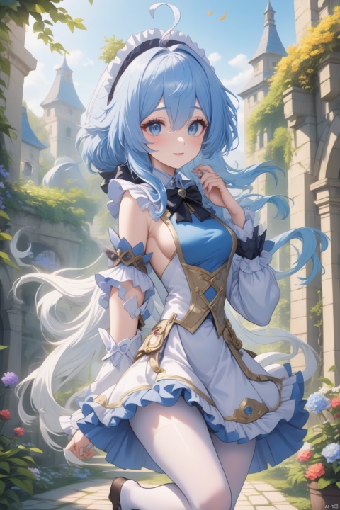  
masterpiece, best quality, best quality, Amazing, beautiful detailed , The morning of green courtyard with flourishing flowers and plants in spring, eyes, 1girl, finely detail, Depth of field, extremely detailed CG unity 8k wallpaper, full body, (alice), alice in wonderland, blue Hair,cowboy shot , hiten_1, smile, game_cg, strong rim light, {close-up}, blunt_bangs, ((( full body))), (floating hair), (looking_at_viewer), open mouth, (looking_at_viewer), open mouth, blue eyes, Blonde_hair, Beautiful eyes, gradient hair, ((white_frilled_dress)), ((white pantyhose)), (long sleeves), (juliet_sleeves), (puffy sleeves), white hair bow, Skirt pleats, blue dress bow, blue_large_bow, (((stading))), sleeves past wrists, sleeves past fingers,amazing6,candy-coated