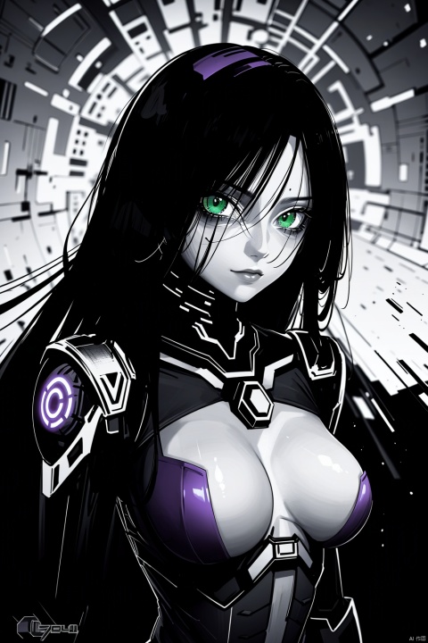 centered, digital art, upper body, (beautiful detailed eyes:1.2), | solo, ebony woman, wearing the black and purple cybernetic armor with green parts of Space Woman, tight bodysuit, black hair, dreadlock hair, emerald eyes, muscular proportions, | in a dungeon made all of metal, | bokeh , depth of field