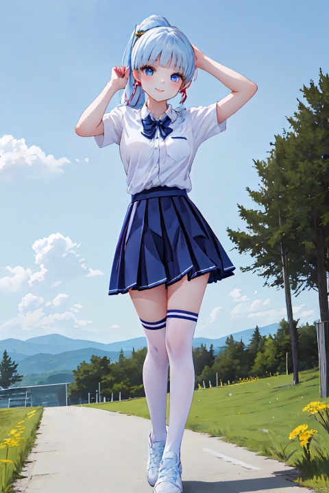  ——1girl, solo, breasts, looking at viewer, skirt, shirt, thighhighs, school uniform, standing, full body, white shirt, short sleeves, pleated skirt, shoes, socks, blue skirt, Miniskirt,Skirt,kneehighs, white footwear, sneakers,Miniskirt
——outdoors,park,Blue sky and white clouds,Grassland,Wild Flower,Dandelion
——Medium breast,Beautiful Legs
——(Dynamic Posture: 1.5)
——shuijingxie,smile
——Telephoto lens
——Clear hand contour,Hand intact,Five fingers of the hand are clear
——1girl, ((poakl))
——masterpiece, best quality, kamisato ayaka, 1girl, long hair, blue hair, ponytail, hair ribbon, hair ornament, mole under eye, blue eyes, kamisato ayaka,neat bang,straight bang, kamisato_ayaka,Extremely long hair,Tall horsetail,Cauda equina simplex