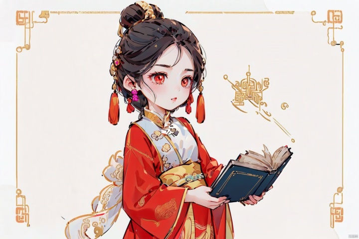  masterpiece, best quality, masterpiece,best quality,official art,extremely detailed CG unity 8k wallpaper, huge_filesize,1girl,(chinese clothes:1.5),(gold and red dress:1.5),(Chinese style,(lim light:1.5),black_hair,qbangufeng,(Read a book:1.4),(simple_background:1),(white background:1.2),(ancient book:1.5)