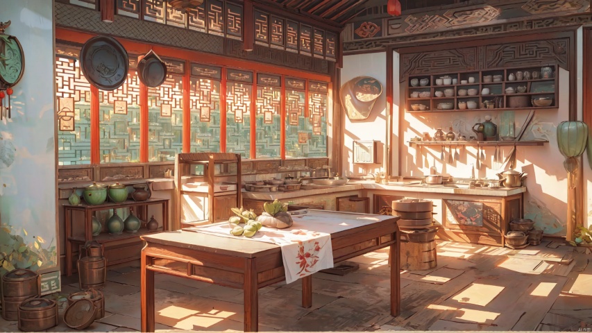  scenery, architecture, indoors, (no humans:2), plant,Super realistic,Super Details,gjz,east asian architecture,Chinese ink painting,Chinese style,morning,Spring,Quiet color,(kitchen:1.5),Iron pan,（vegetables:1.2),radish