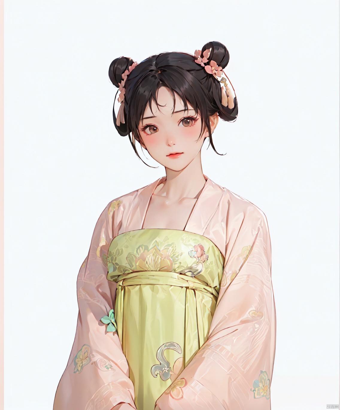 masterpiece, best quality, masterpiece,best quality,official art,extremely detailed CG unity 8k wallpaper, huge_filesize,1girl,chinese clothes,(light Yellow and light pink dress:1.5),Chinese style,(lim light:1.5),(white Background:1.5),black_hair,(cool face:1.2),(unhappy:1.2),Holding a vase,looking_at_viewer