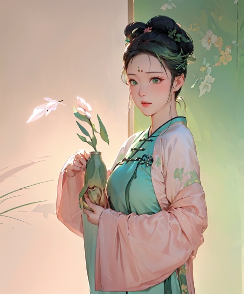  masterpiece, best quality, masterpiece,best quality,official art,extremely detailed CG unity 8k wallpaper, huge_filesize,1girl,chinese clothes,(light green and light pink dress:1.5),Chinese style,(lim light:1.5),(white Background:1.5),black_hair,(cool face:1.2),(unhappy:1.2),Holding a vase