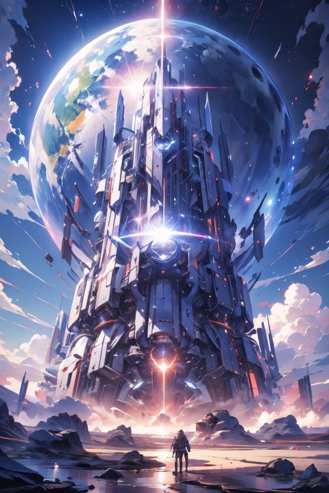 Official art, unified 8k wallpaper, ultra detailed, best quality, natural light, (masterpiece: 1.2),1girl,  moon, earth, (parallel time and space), multiverse,  ultra fine, epic scenes, blue sky, clouds, meteors, Shining light, panorama, illusion engine 5 rendering, future science fiction style, dream style, from below, (masterpiece), (best quality), masterpiece, best quality, masterpiece, best quality, official art, extremely detailed CG unity 8k wallpaper, wallpaper, original, universe, starry sky, , ,humpback,science fiction,Colorful portraits