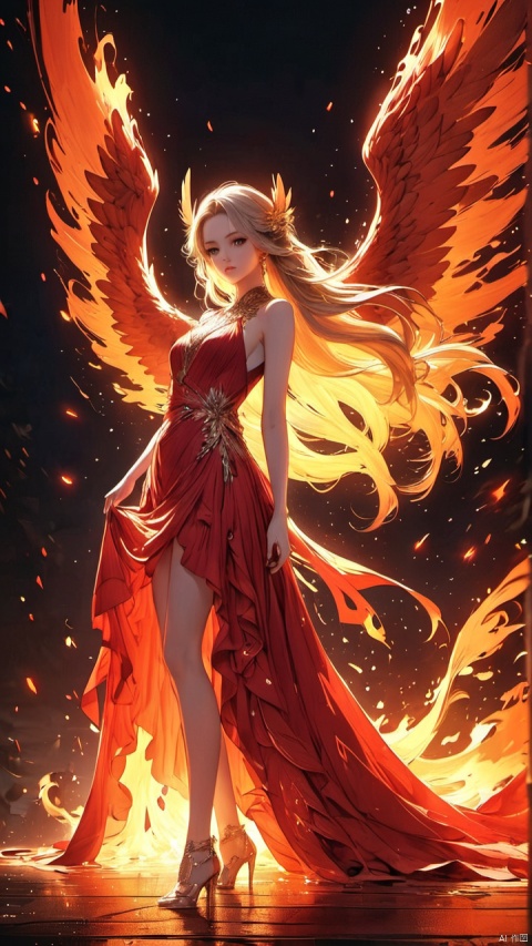 vibrant color anime illustration, a luxurious red dress worn by a woman, her dress flowing to the floor, highlighting her beauty and opulence, her hair long and flowing like waves, standing at an important moment, with a giant firebird, possibly a phoenix, in the background, its wings emitting light and flames that brighten the entire image, conveying a mystical and powerful energy,