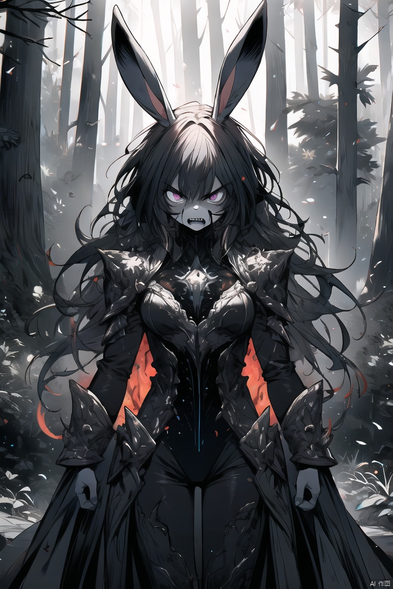 a bunny beast glowing and burning the body, angry, inside of forest, hyper detailed, detailed eyes, scifi, dark, horror, best quality, high resolution