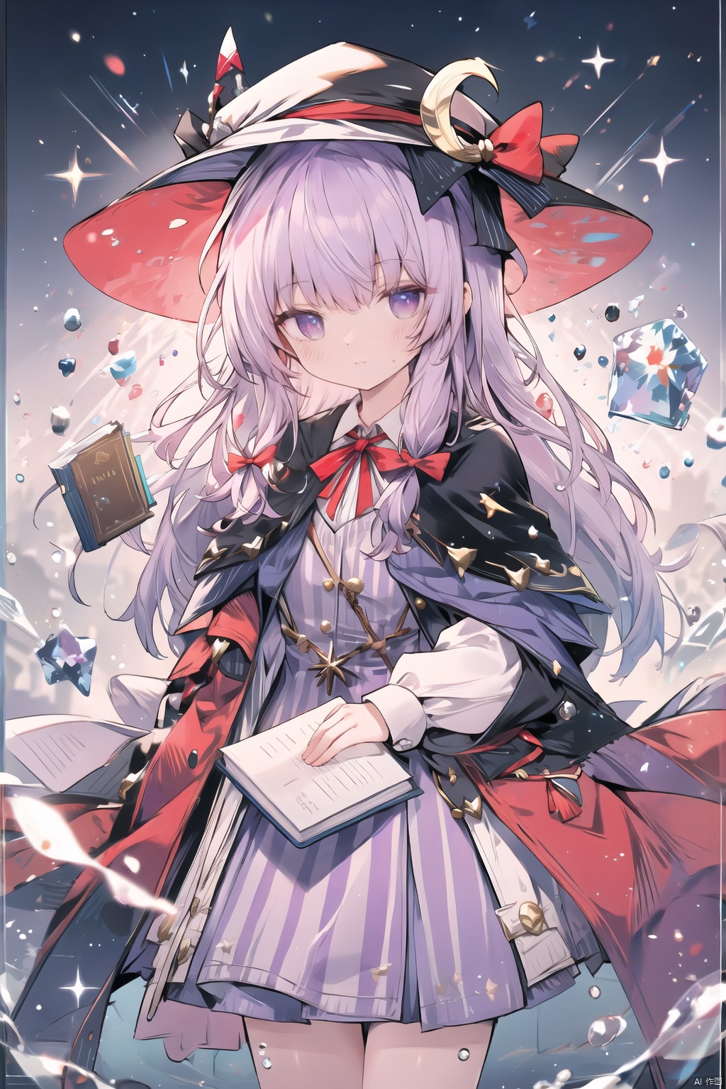  1girl, patchouli_knowledge, solo, long_hair, looking_at_viewer, bangs, long_sleeves, hat, dress, bow, ribbon, holding, purple_eyes, purple_hair, hair_bow, cowboy_shot, parted_lips, striped, water, red_bow, red_ribbon, book, capelet, blue_bow, mob_cap, hat_ribbon, crescent, holding_book, hat_ornament, crystal, open_book, magic, pink_headwear, crescent_hat_ornament, floating_object, hydrokinesis , masterpiece, backlight