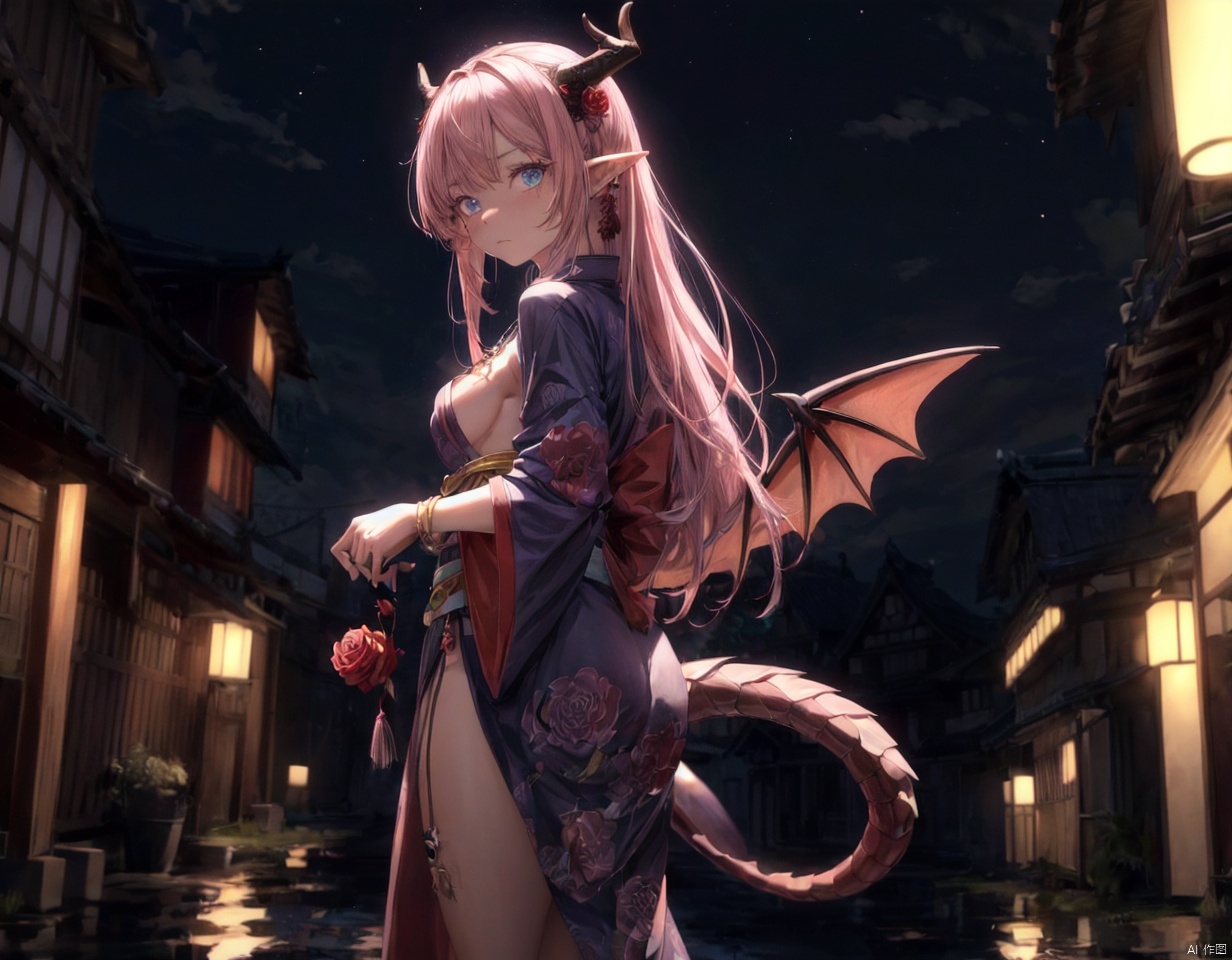  1girl,fuzichoco, ask \(askzy\),masterpiece, newest, absurdres, solo.dragon wings, tail, horns, solo, antlers, pointy ears, japanese clothes, side slit, long hair, two side up, bangs, sky, house, purple eyes, building, hair between eyes, closed mouth, medium breasts, pink hair, plant, slit pupils, standing, sunset, river, looking at viewer, hair ornaments, walking on the street, close-up, animal, blue eyes, blue sky, bracelet, breasts, day, flower, from side, grass, indoors, jewelry, kimono, necklace, night, night sky, outdoors, red flower, red rose, rose
