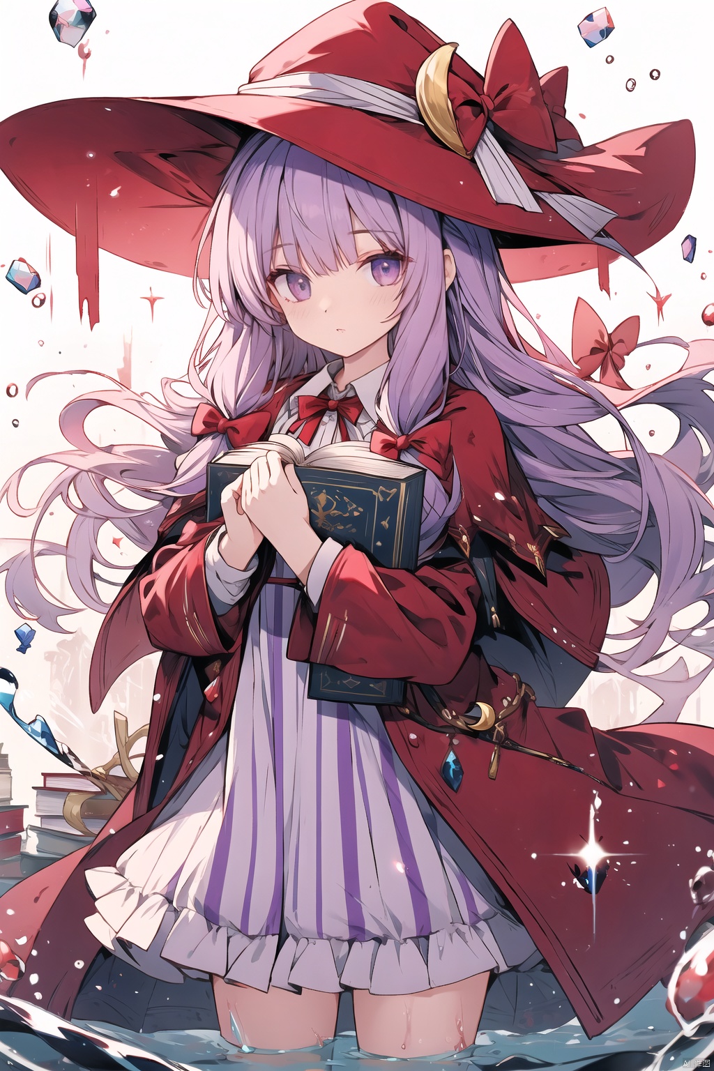  1girl, patchouli_knowledge, solo, long_hair, looking_at_viewer, bangs, long_sleeves, hat, dress, bow, ribbon, holding, purple_eyes, purple_hair, hair_bow, cowboy_shot, parted_lips, striped, water, red_bow, red_ribbon, book, capelet, blue_bow, crescent, holding_book, hat_ornament, crystal, open_book, magic, pink_headwear, crescent_hat_ornament, floating_object, hydrokinesis , masterpiece, backlight